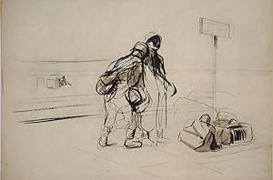 Refugees at a train station, WWI. Lithograph