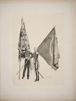 Military men with Irish and French flags. Lithograph