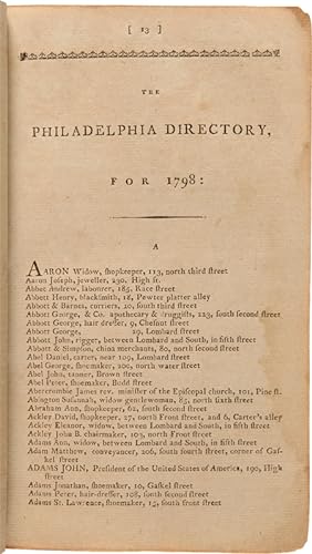 THE PHILADELPHIA DIRECTORY FOR 1798: CONTAINING THE NAMES, OCCUPATIONS, AND PLACES OF ABODE OF TH...