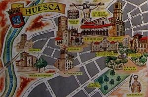 POSTAL PLANO MONUMENTAL Y OTROS DE HUESCA. FRESMO, 1964. (Postales/España Moderna (desde 1940)/Ar...