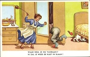 Künstler Ansichtskarte / Postkarte Wütende Ehefrau, Ehemann flüchtet in Schrank