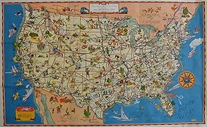 A good-natured map of the United States setting forth the services of The Greyhound Lines