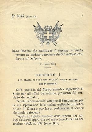 che costituisce il comune di Santomenna in sezione autonoma del 2° collegio elettorale di Salerno.