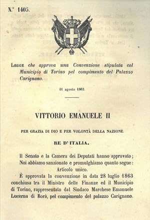 che approva una convenzione stipulata col Municipio di Torino pel compimento del Palazzo Carignano.