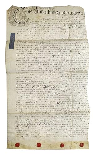 Manuscript quadrupartite indenture on parchment related to a marriage settlement