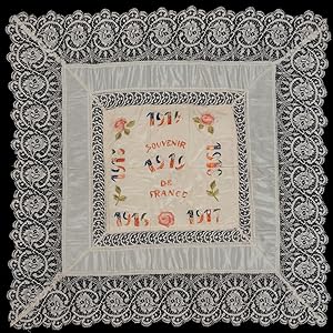 WWI "Souvenir de France" silk & Belgian lace embroidered pillow sham