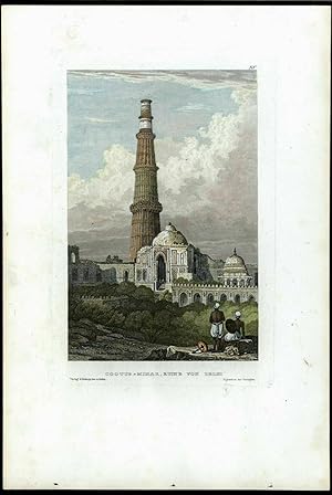 Kutub Minar Cootus ruins Delhi India c.1850 print view beautiful hand color