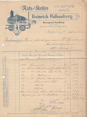 Autograph. Rechnungsbogen. Ausgestellt von Rats-Keller, Heinrich Falkenberg, Weingross-Handlung, ...