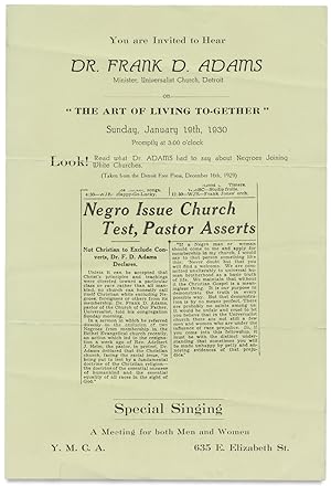 [Racial Harmony in 1930:] You are Invited to Hear Dr. Frank D. Adams Minister, Universalist Churc...