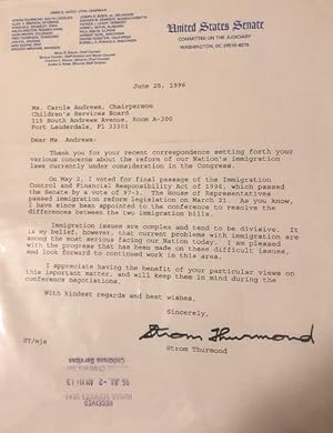 Senator Strom Thurmond (SC) 1996 Typed Letter Signed RE: IMMIGRATION CONTROL