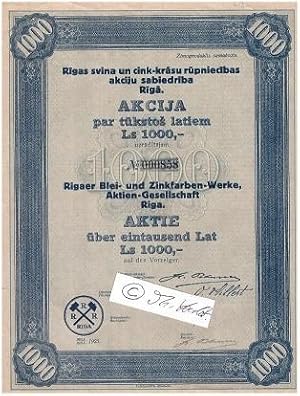 ORIGINAL-AKTIE Rußland - Rigaer Blei- und Zinkfarben-Werke AG. Limited stock certificate 1930's, ...