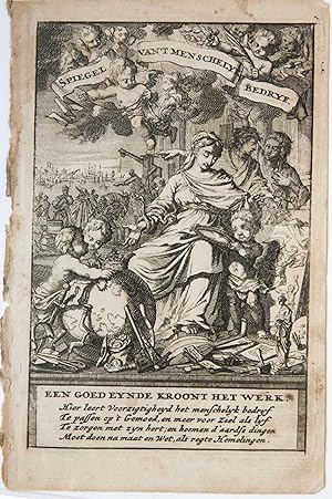 [Antique title page, after 1695] 'Spiegel van 't Menschelyk Bedryf' / Vrouw onderwijst drie kinde...