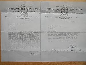 Two Letters from The Hallamshire Vinegar Co Ltd. Neepsend, Sheffield. 1934.