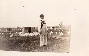 Charlie Chaplin Type Man Bird Hen Farm Farmer Real Photo Antique Postcard