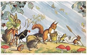 Harvest Time Squirrels Farming Molly Brett Medici Postcard