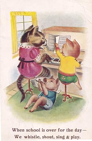 Cats Kittens When School Is Over Piano Lessons Playing Old WW2 Postcard