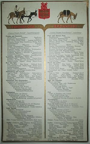 Norddeutscher Lloyd, S.S. Bremen Breakfast, Fruhstuck Menu for Monday, August 9th, 1937