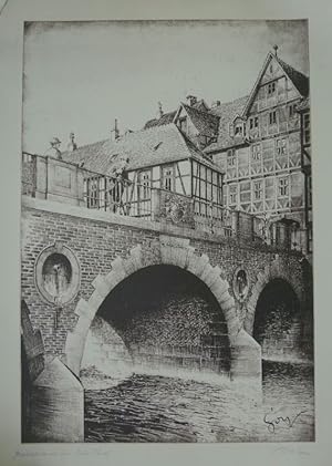 Fritz Goy: Marstallbrücke mit ehem. London-Schenke. (Hannover, signierter Kunstdruck)
