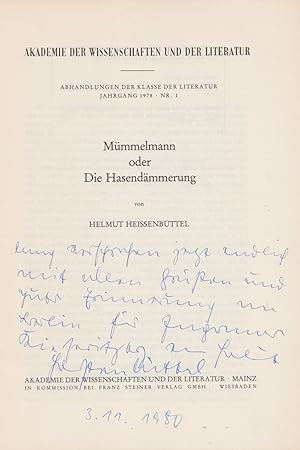 Mümmelmann oder Die Hasendämmerung. (Verfasserwidmung!).