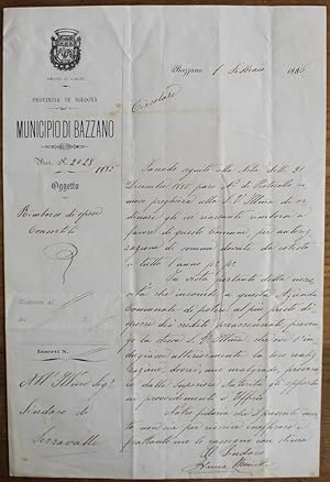 Lettera su carta intestata del sindaco di Bazzano inviata a quello di Serravalle. Bazzano 1 febbr...