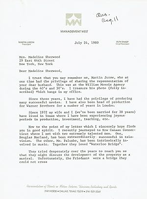 TYPED LETTER TO WIDOW OF ROBERT E. SHERWOOD SIGNED BY FILM PRODUCER MARTIN JUROW ABOUT A MUSICAL ...