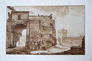 [Antique printdrawing/prenttekening] The city gate with a donkey/Stadspoort met ezel.