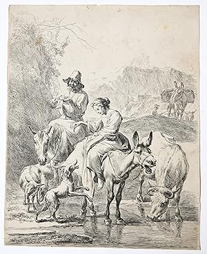 Antique print, etching | Shepherdess on the donkey, published ca. 1652, 1 p.