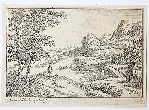 [Original etching/ets] River landscape with stone bridge on the right. [Set of 4: Various Landsca...