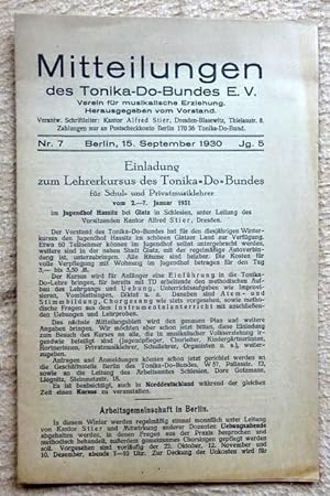 Mitteilungen des Tonika-Do-Bundes e.V. Nr. 7, Berlin, 15. September 1930, 5. Jg. (Verein für musi...