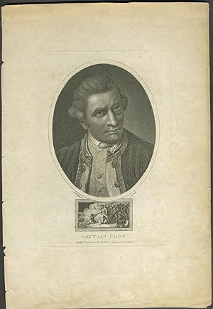 Captain Cook. Stipple engraved portrait with Death of Cook vignette