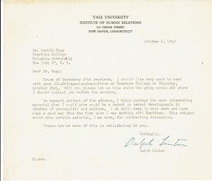 TYPED LETTER TO EDUCATOR HAROLD RUGG SIGNED BY RESPECTED AMERICAN ANTHROPOLOGIST RALPH LINTON.