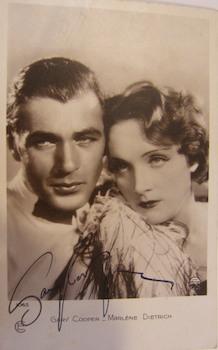 Gary Cooper Autographed Post Card, with Cooper & Marlene Dietrich. Still from the film Morocco.
