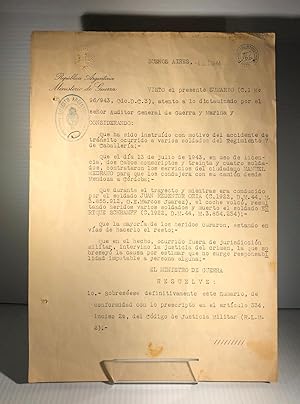 Juan Perón. Ministerio de Guerra. 1944. Document Signed
