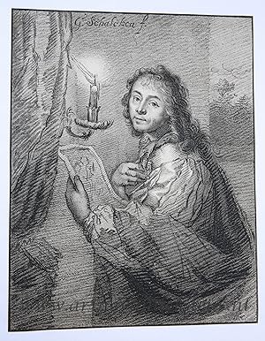 Antique printdrawing | Self portrait of Schalcken with a candle, published 1821, 1 p.