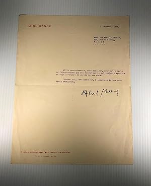 Abel Gance. Lettre dactylographiée signée à Henri Aldebert. 8 Septembre 1935