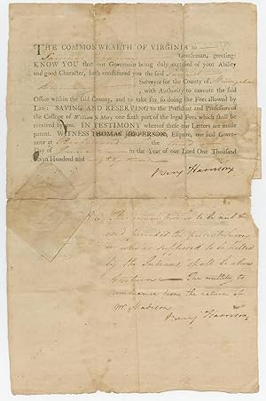 Declaration Signers Benjamin Harrison & George Wythe Appointing Surveyor Licensed by the College ...