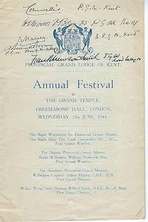GRAND TEMPLE FREEMASONS HALL PROGRAM, LONDON, JUNE 21,1944