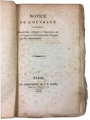 Notice de L'ouvrage Intitule Recherches Critiques et Historiques sur la Langue et la Litterature ...