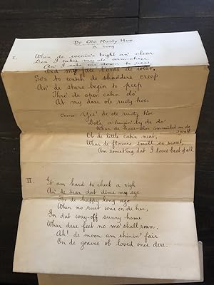 1894 Handwritten African-American Plantation Song, DE Ol Rusty Hoe