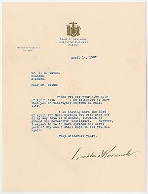 Franklin Roosevelt Thanks Alabama Friend for Compliments on "Forgotten Man" Speech