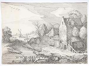 [Antique print, etching] Cottages along a river [AMAENIORES ALIQUOT REGIUNCULAE]/Huizen aan de oe...