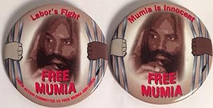 Mumia is innocent / Free Mumia [two versions of a pinback button]