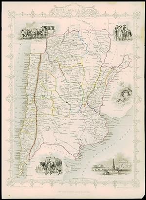 1850 Illustrated Antique Map of "CHILE & LA PLATA" & ARGENTINA by Tallis (68d)
