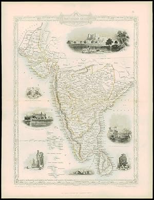 1850 "SOUTHERN INDIA" Antique Map by Tallis with Vignette engravings CEYLON