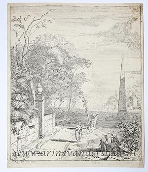 [Antique print, etching/ets] Italian landscape with obelisk/Italiaans landschap met obelisk, publ...