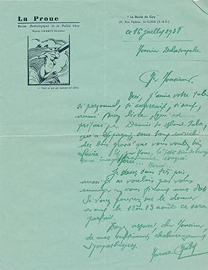 Marcel CHABOTlettre autographe signée et poème à Germain DELATOUSCHE