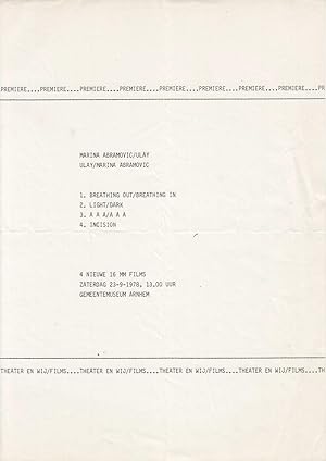 Original flyer announcing the premiere of four performances by Marina AbramoviÄ/Ulay, Ulay/Marin...