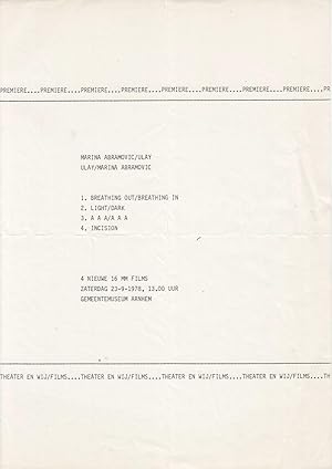 Original flyer announcing the premiere of four performances by Marina AbramoviÄ/Ulay, Ulay/Marin...