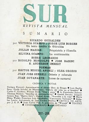 Revista SUR No. 217-218 Nov-Dic 1952. Jorge Luis Borges: Ricardo Güiraldes; Julián Marías: Psiqui...