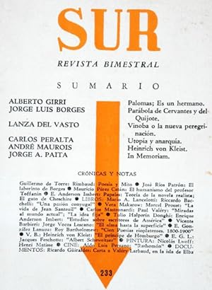 Revista SUR No. 233 Mar-Abr 1955. Jorge Luis Borges: Parábola de Cervantes y del Quijote; Lanza d...